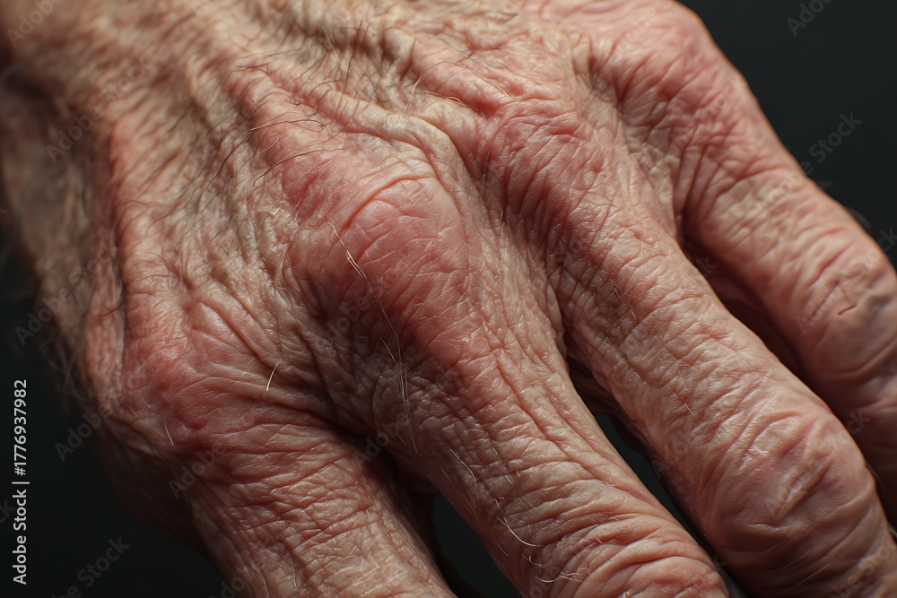 Fototapeta premium Elderly hands with visible veins and deep wrinkles are a sign of age and lifestyle.