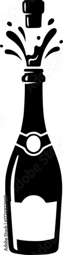 Champagne bottle popping with cork and splash design silhouette
