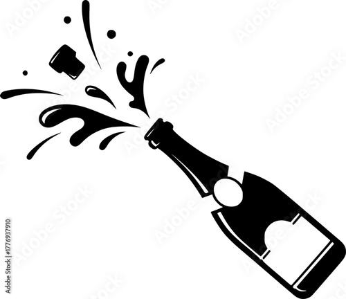 Champagne bottle popping with cork and splash design silhouette

