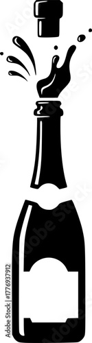 Champagne bottle popping with cork and splash design silhouette
