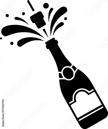 Champagne bottle popping with cork and splash design silhouette

