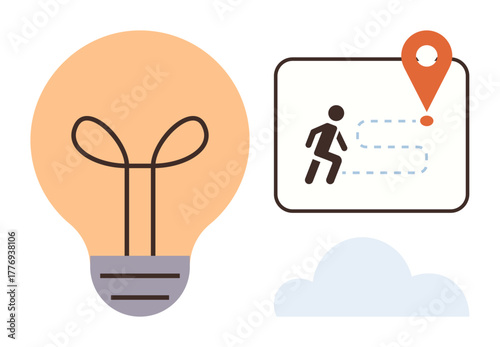Lightbulb paired with a map showing a marked route and destination, symbolizing planning, navigation, innovation, and problem-solving. Ideal for directions, strategy, goals, creativity success