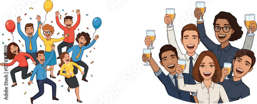 PriBusiness team celebration, corporate success, office party, cheerful employees, champagne toast, teamwork, happy professionals, festive mood, animated characters, achievement