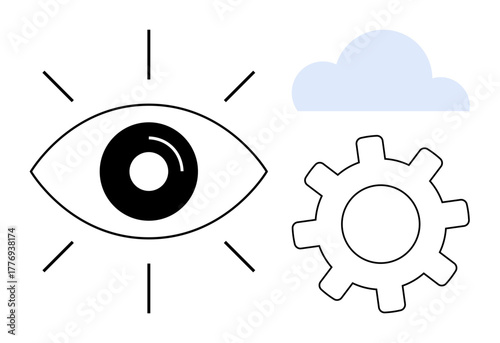 Eye with radiating lines, gear symbolizing process, and cloud for connectivity and ideas. Ideal for creativity, innovation, technology, vision, process development, growth simple flat metaphor