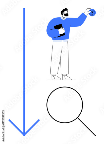 Professional holding notebook and coin, next to a bold downward arrow and large magnifying glass. Ideal for finance, investment, savings, economic evaluation, decision-making, inspection, simple flat