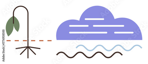 Dry plant with falling leaves beside a cloud and wavy lines showing water scarcity and drought. Ideal for climate change, environment, sustainability, agriculture, conservation, weather, awareness