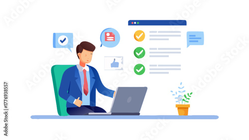 Man working on laptop with checklist