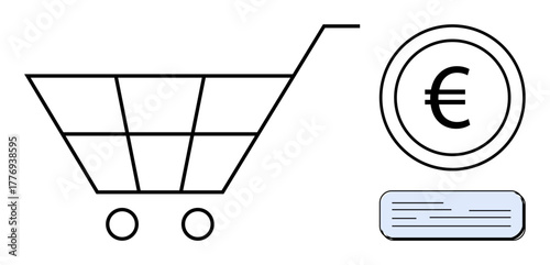 Minimalist shopping cart, euro coin, and bill or receipt. Ideal for business, e-commerce, finance, payment, budgeting consumer goods and sales concepts. Simple flat metaphor