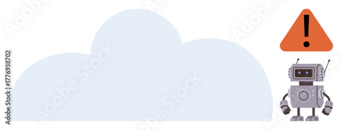 Robot standing near triangular alert sign with exclamation mark above a large cloud shape. Ideal for technology, cloud storage, automation, AI issues, warnings, cybersecurity risks, digital errors