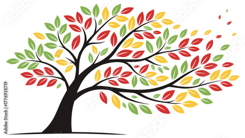 Colorful tree with leaves blowing in the wind