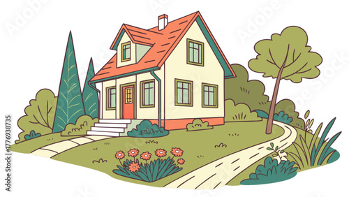 Illustration of a cozy house with a garden