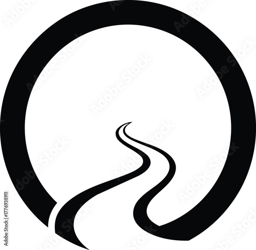 Minimalist black and white illustration of a winding road leading into a large circular void symbolizing journey and infinity.