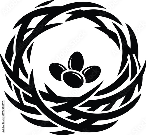 Stylized Bird Nest with Eggs Black and White Illustration.
