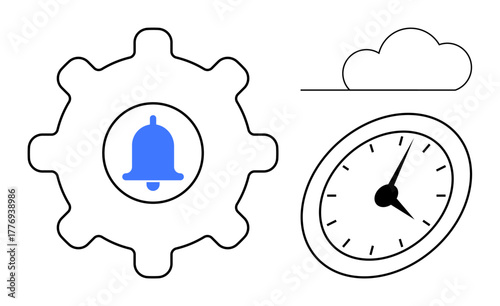 Gear with bell icon, analog clock, and cloud illustrating notification setup, time management, and cloud computing. Ideal for digital tools, productivity, organization, alerts automation and user