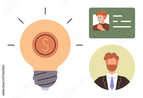 Light bulb with dollar sign symbolizing innovation, ID badge highlighting identification, and a professional portrait reflecting expertise. Ideal for business, finance, creativity, innovation