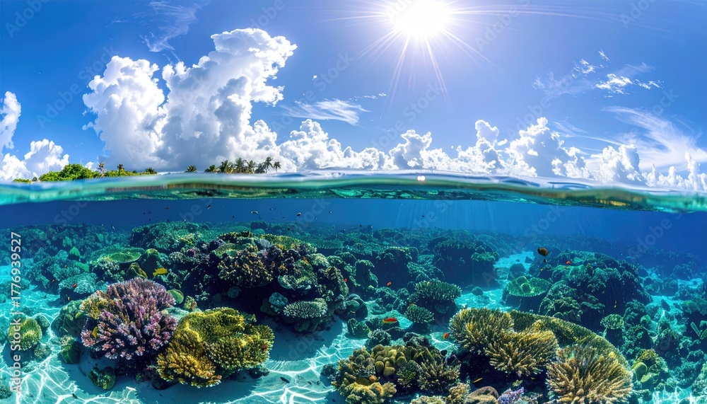 Fototapeta premium Vibrant Underwater Coral Reef Ecosystem Teeming with Tropical Fish Beneath a Sunlit Blue Sky with Fluffy Clouds and Distant Islands