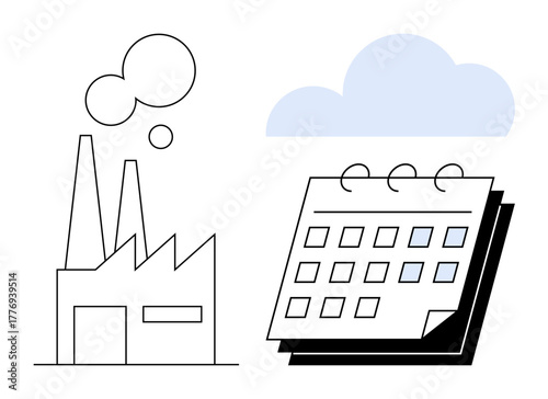 Factory with chimneys emitting smoke and a calendar beneath a cloud. Ideal for industry, production, planning, deadlines, sustainability, environmental impact, and time management. Simple flat