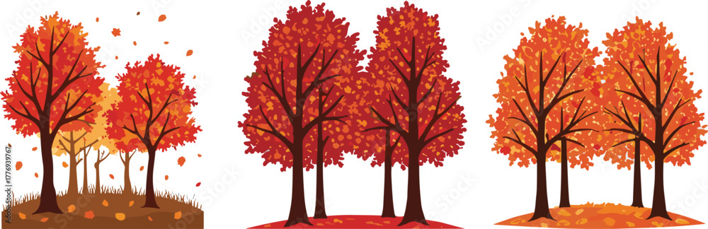 Naklejka premium Autumn trees illustration, fall foliage landscape, seasonal nature scene, orange red yellow leaves, forest in autumn, vector design, tranquil
