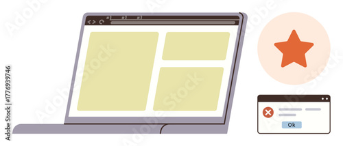 Laptop showing browser with grid layout, star icon emphasizing importance, and small popup with error and OK button. Ideal for design, user interface, technology, communication, feedback
