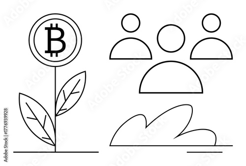 Bitcoin coin sprouting from plant, representing digital investment growth. Three human figure outlines symbolize community. Ideal for cryptocurrency, finance, technology, teamwork, innovation