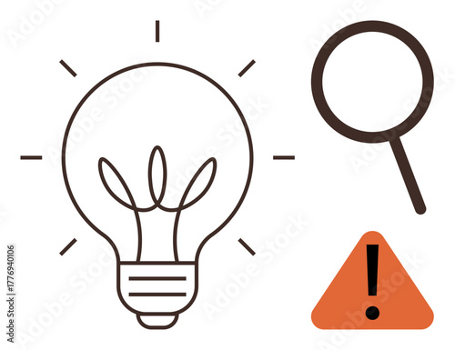 Lightbulb for creativity, magnifying glass for exploration, and warning symbol for awareness. Ideal for innovation, research, solutions, warning, discovery analysis and creativity. Simple flat