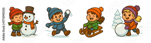 Kids winter cartoon icons ,snow, fun, holiday, play, outdoor
