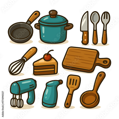 Kitchen utensils cartoon icons ,cooking, tools, food, home, chef