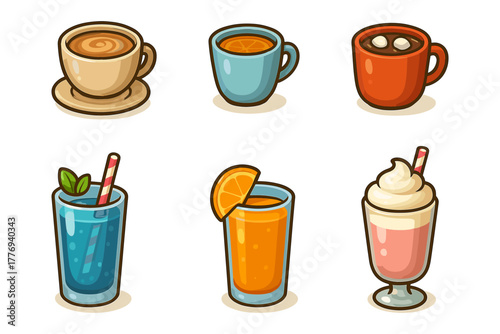 Drinks cartoon icons ,coffee, tea, juice, beverage, refreshment