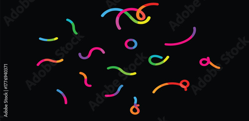 Playful assortment of glowing rainbow-colored squiggles and abstract curved forms creating a sense of movement and energy on a black background