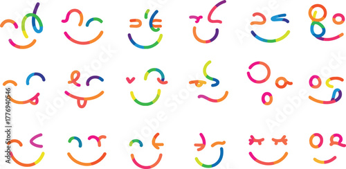 Expressive and colorful abstract line art emoticons in a vibrant rainbow palette, depicting a wide range of emotions and cheerful moods, ideal for playful digital design concepts