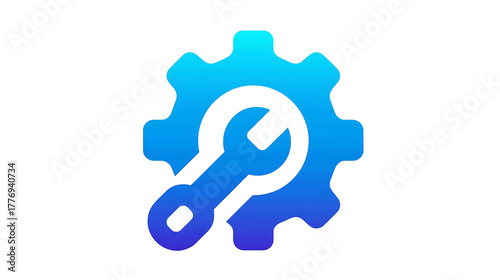 A blue and white logo with a wrench on it