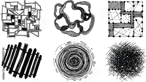 Abstract black and white sketch set, geometric lines, chaotic texture, hand-drawn patterns, modern design, artistic composition, ink drawing, minimal art