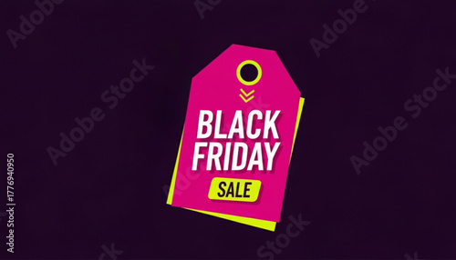 Black friday sale tag with pink color on dark purple background