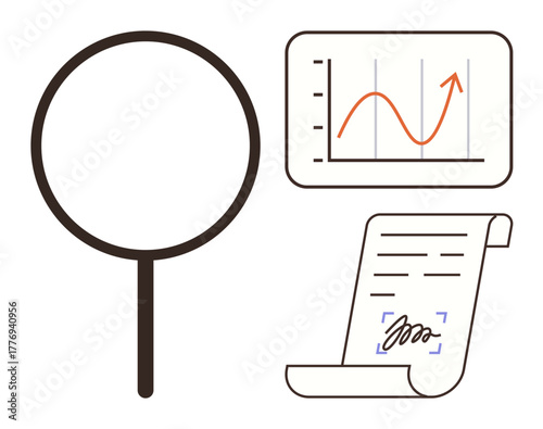 Magnifying glass, upward-trending graph, and signed document highlight research, analytics, contract verification. Ideal for auditing, data analysis, business growth, legal review insights