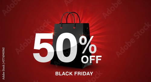 Black friday 50 off sale promotion with shopping bag on red background