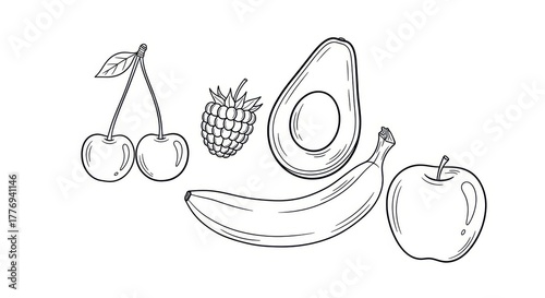 Hand drawn sketch of fruits. Black and white illustration of line art illustration of various fruits including cherries, raspberries, avocados, bananas and apples isolated on white background.