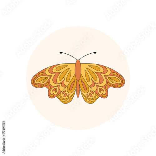 Groovy retro butterfly circle sticker label in orange color. Y2k style emblem for box lid and package seal. Perfect as a trendy seal or label for modern packaging design.