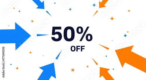 Fifty percent off sale promotion with arrows isolated on white background
