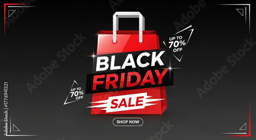 Black friday sale promotion with red shopping bag and discount offer