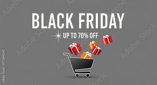 Black friday sale with shopping cart and gift boxes on gray background