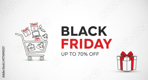 Black friday sale with shopping cart and gift box isolated on white background