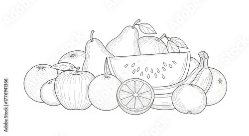 Line art still life of assorted fruits in a basket. Black and white illustration of black and white fruit sketch isolated on white background featuring pears, apples, oranges, and watermelon