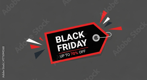 Black friday sale tag with up to 70 off discount on gray background