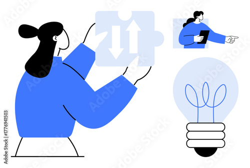 Woman holding puzzle piece with arrows, light bulb symbolizing ideas, and another figure with tablet pointing. Ideal for teamwork, strategy, innovation, brainstorming, decision-making, leadership