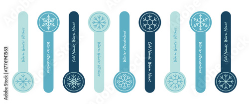 Round blue sticker set with snowflake label in line ornament style. Snow flake icon for winter box seal and christmas illustration. Cold tone adds a modern touch.