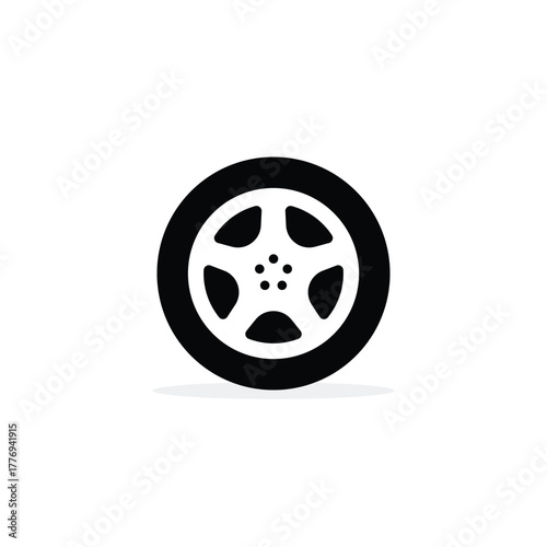 Single black car alloy wheel and tire vector icon with a five-lug nut pattern