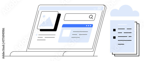 Open laptop with UI elements featuring document search, image preview, and file list beside cloud storage icon. Ideal for cloud technology, file sharing, productivity, workflow, digital organization
