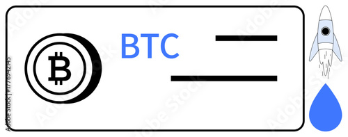 Bitcoin logo, BTC text, rocket icon, and drop element suggesting blockchain technology, cryptocurrency growth, and innovation. Ideal for digital finance, investment, blockchain future tech startup