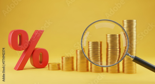 Finance report analysis tax budget financial accounting golden coin stack magnifying glass percentage symbol emphasizing monetary growth and careful evaluation of investment returns and expense