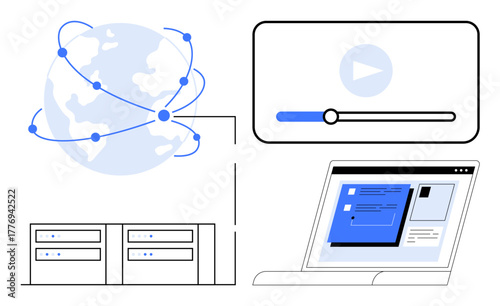 Planet interconnected by nodes, video player interface, server data centers, and a laptop screen. Ideal for technology, internet, cloud computing, media streaming communication education. Minimal